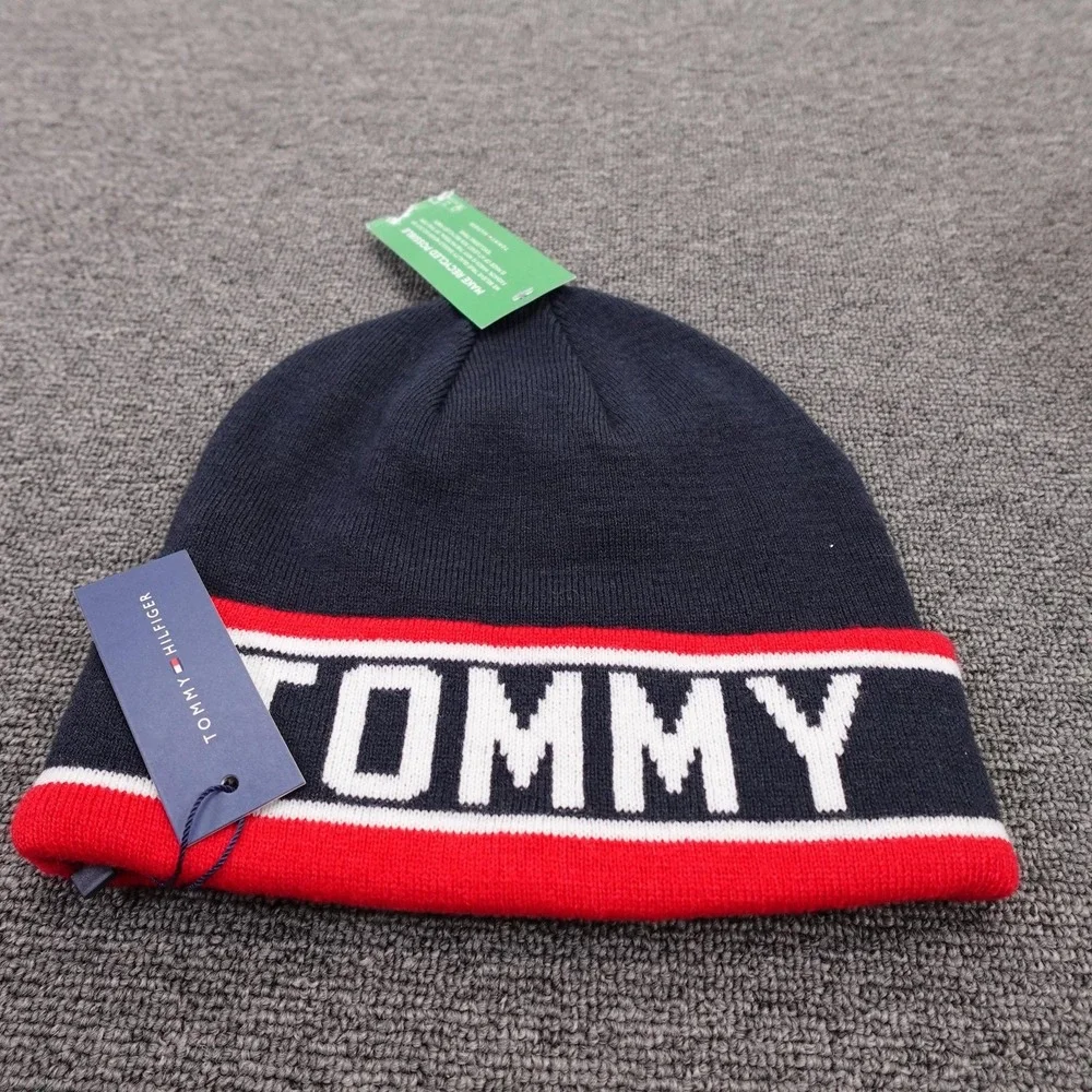 Tommy Hilfiger Hat Beanie Fitted Mens One Size Blue Red Stripe Logo Knit Winter